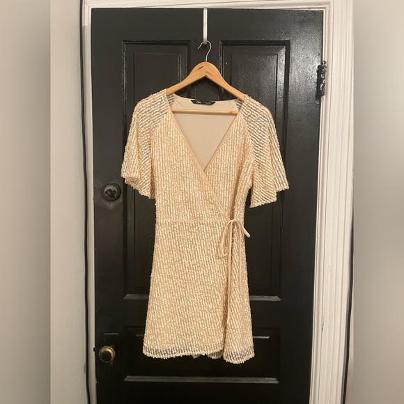 Zara Pale Pink Sequin Wrap Dress - Picture 1 of 5